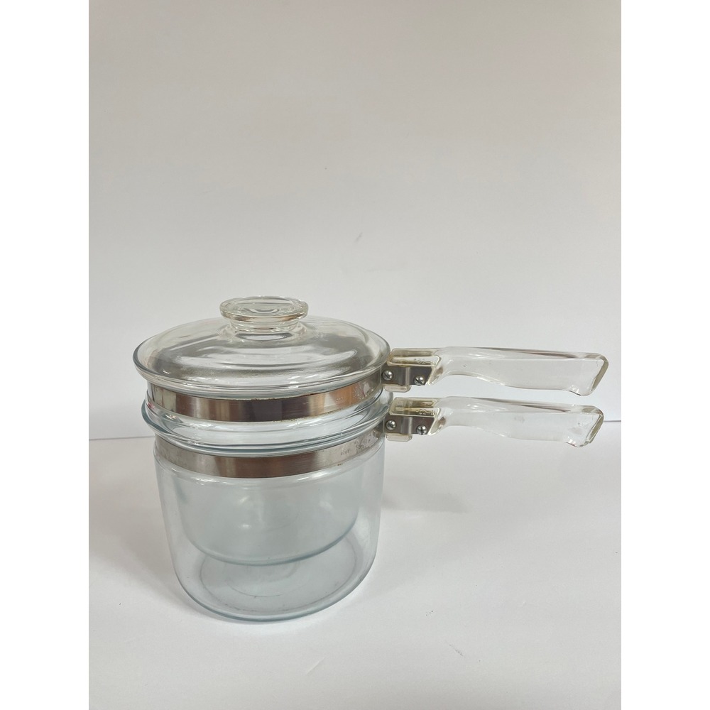Vintage Pyrex Flameware 6283 Clear Glass Double Boiler 3 Piece Set with Lid USA
